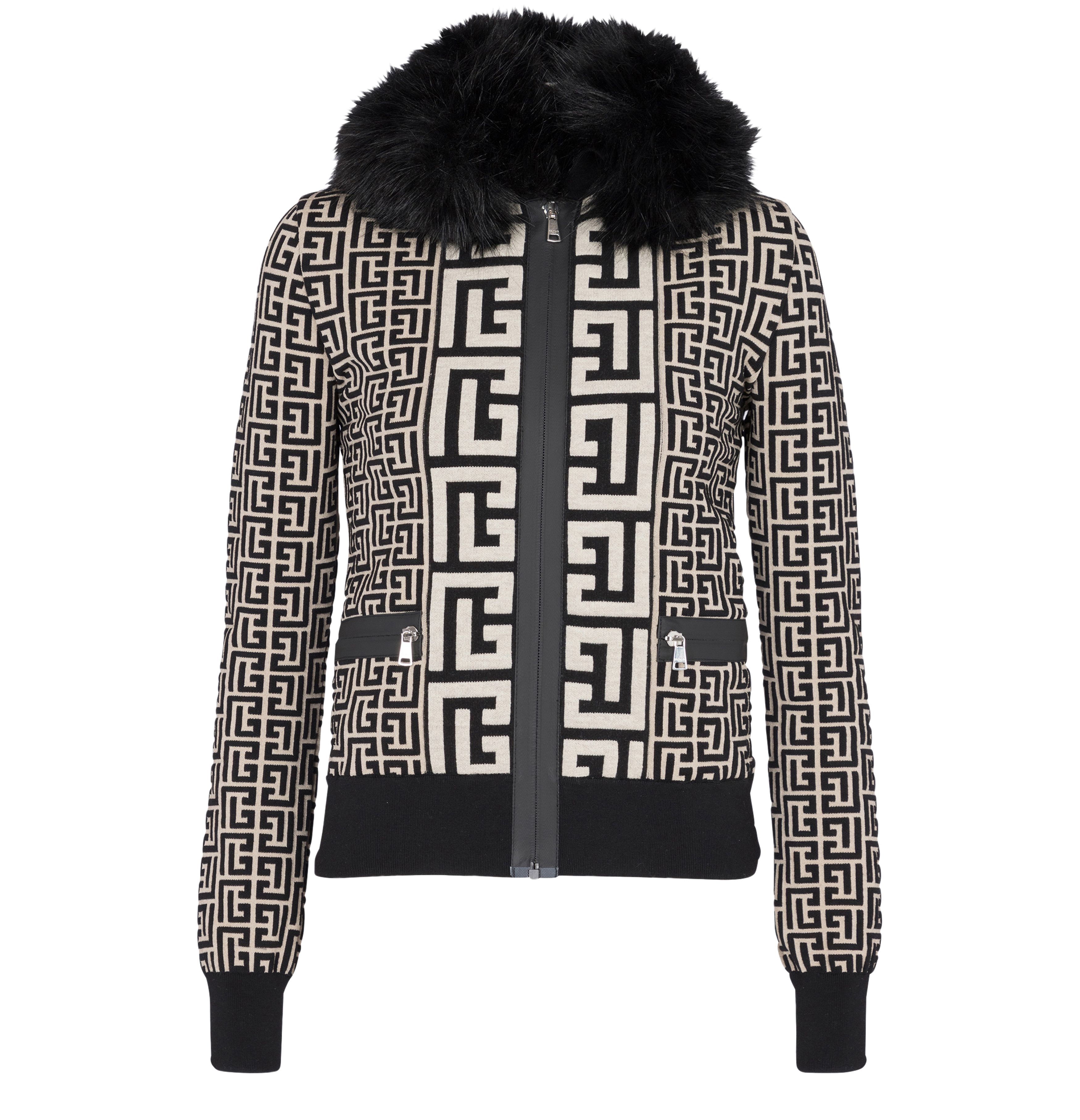 Balmain Monogrammed knit jacket with faux fur