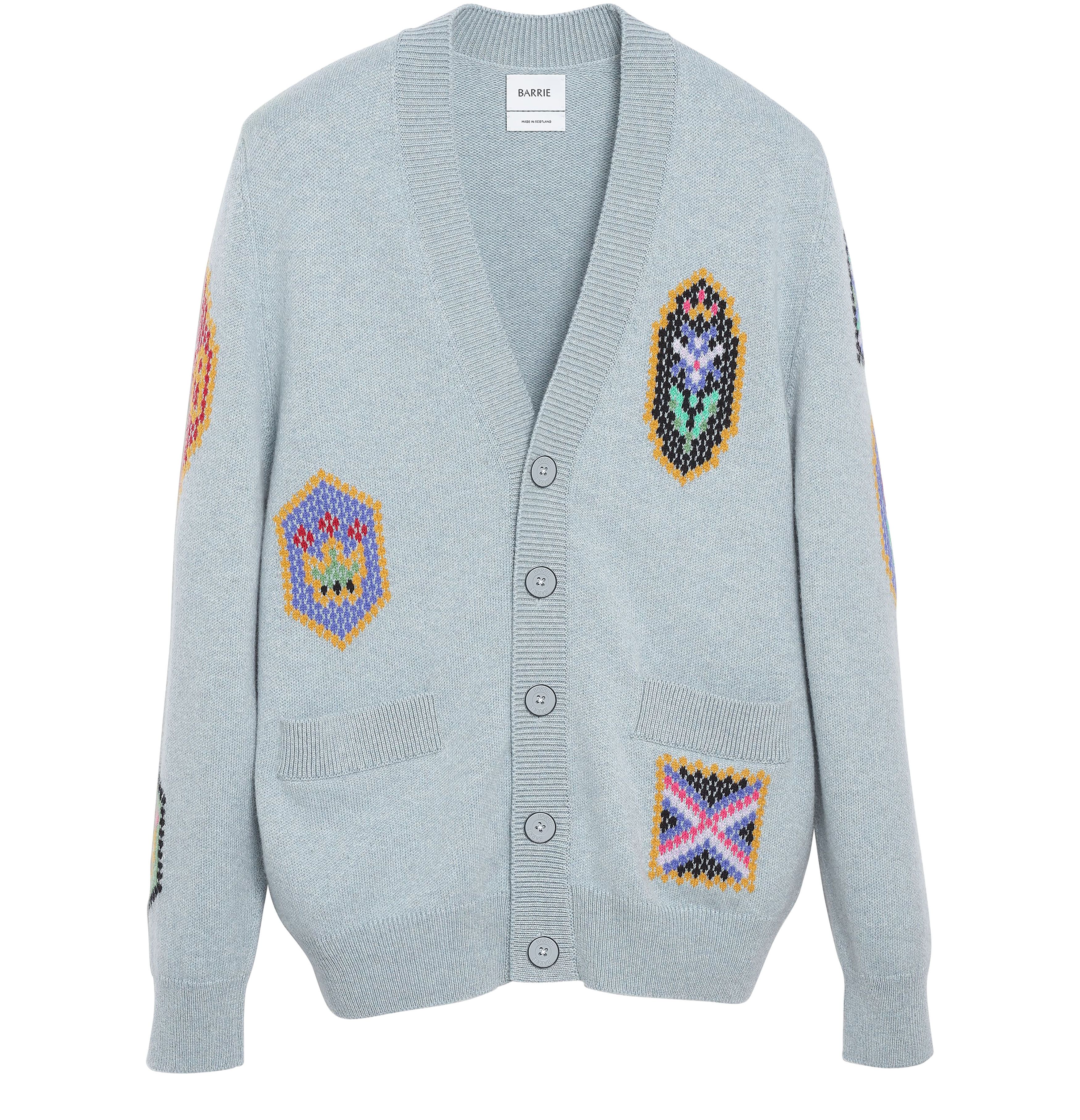 Barrie V-neck cardigan with Scottish symbols in cashmere