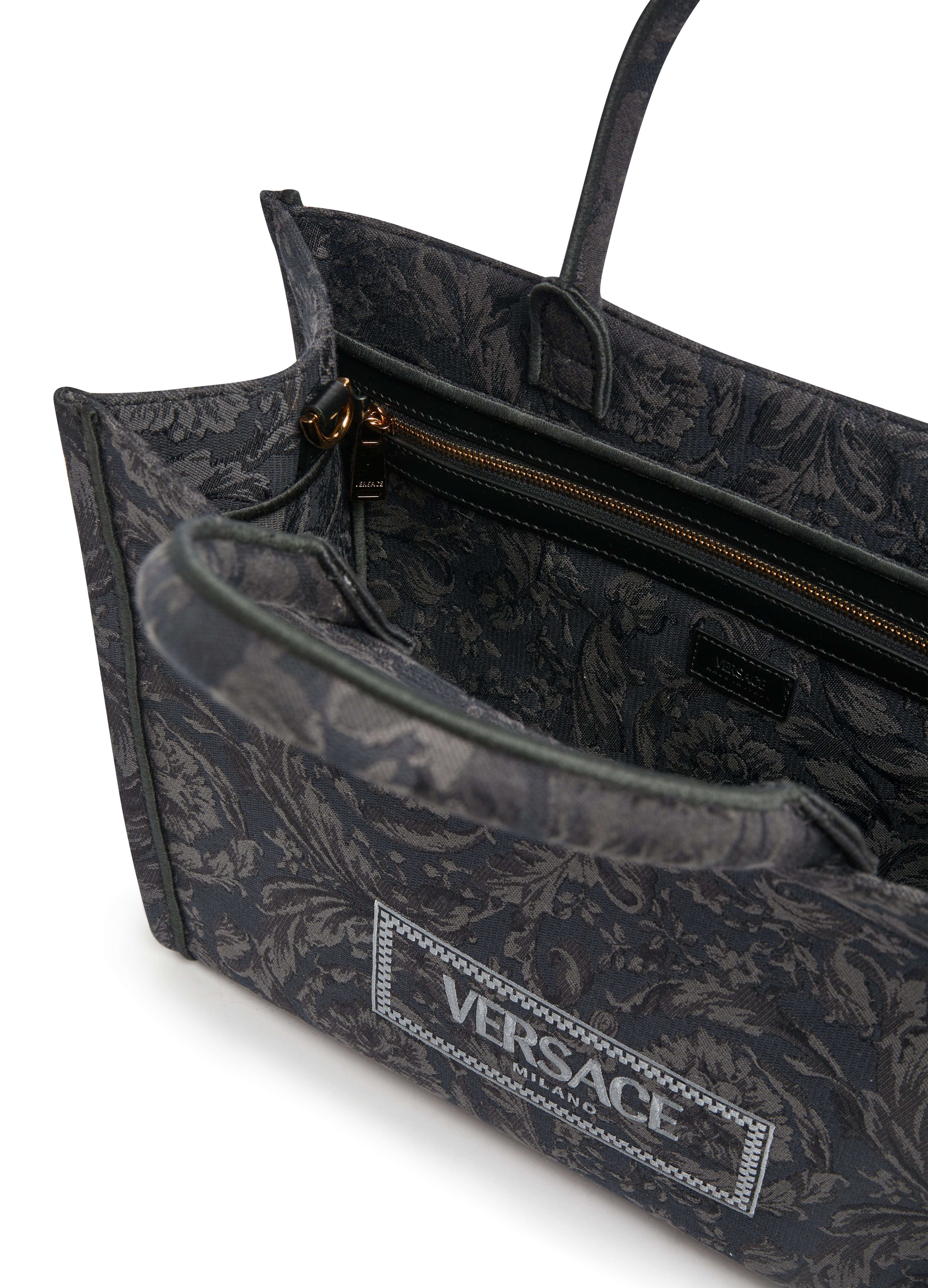 Versace Embroidered Jacquard Barocco and Calf Leather Large Tote