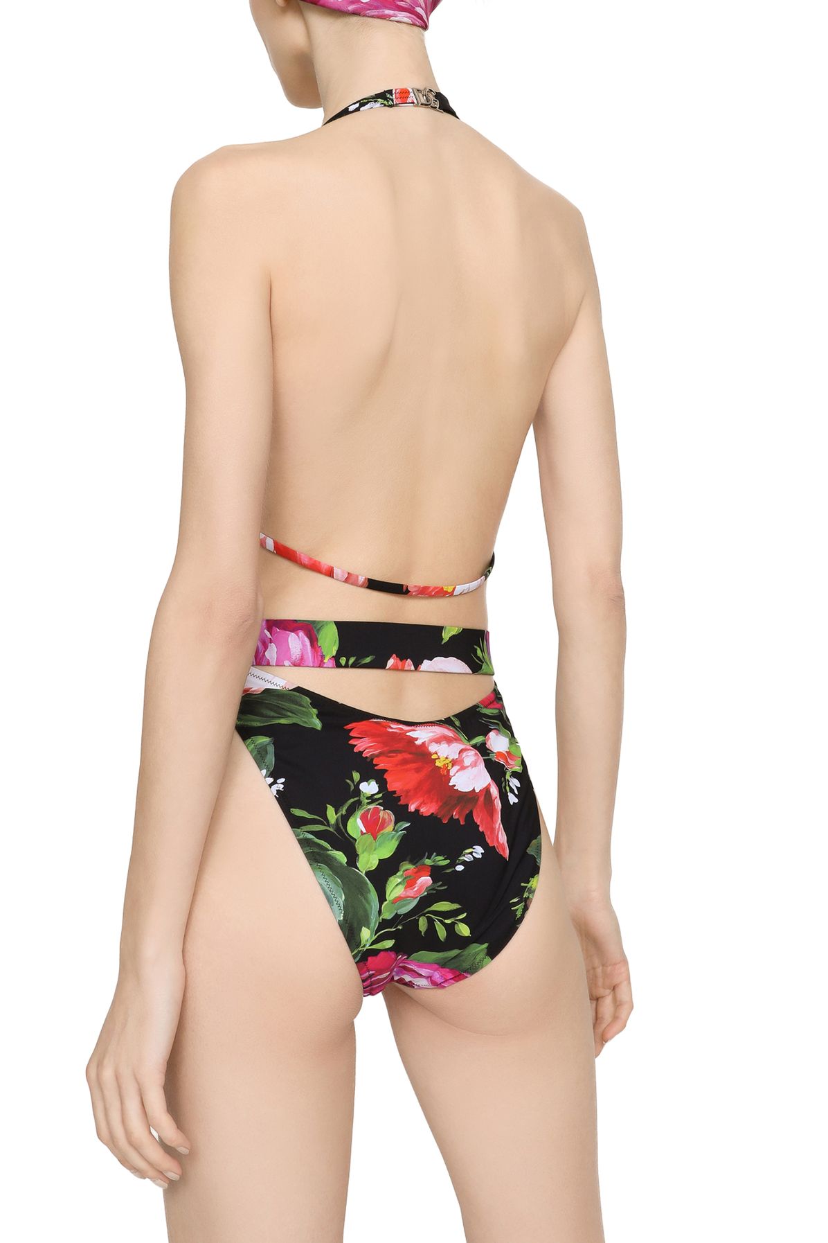 Dolce & Gabbana Belted floral-print swimsuit with plunging neckline