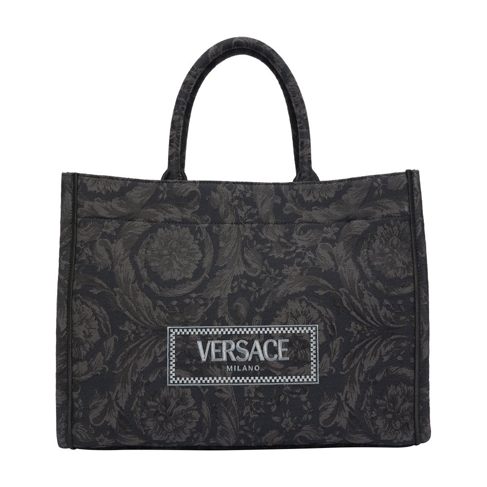 Versace Embroidered Jacquard Barocco and Calf Leather Large Tote