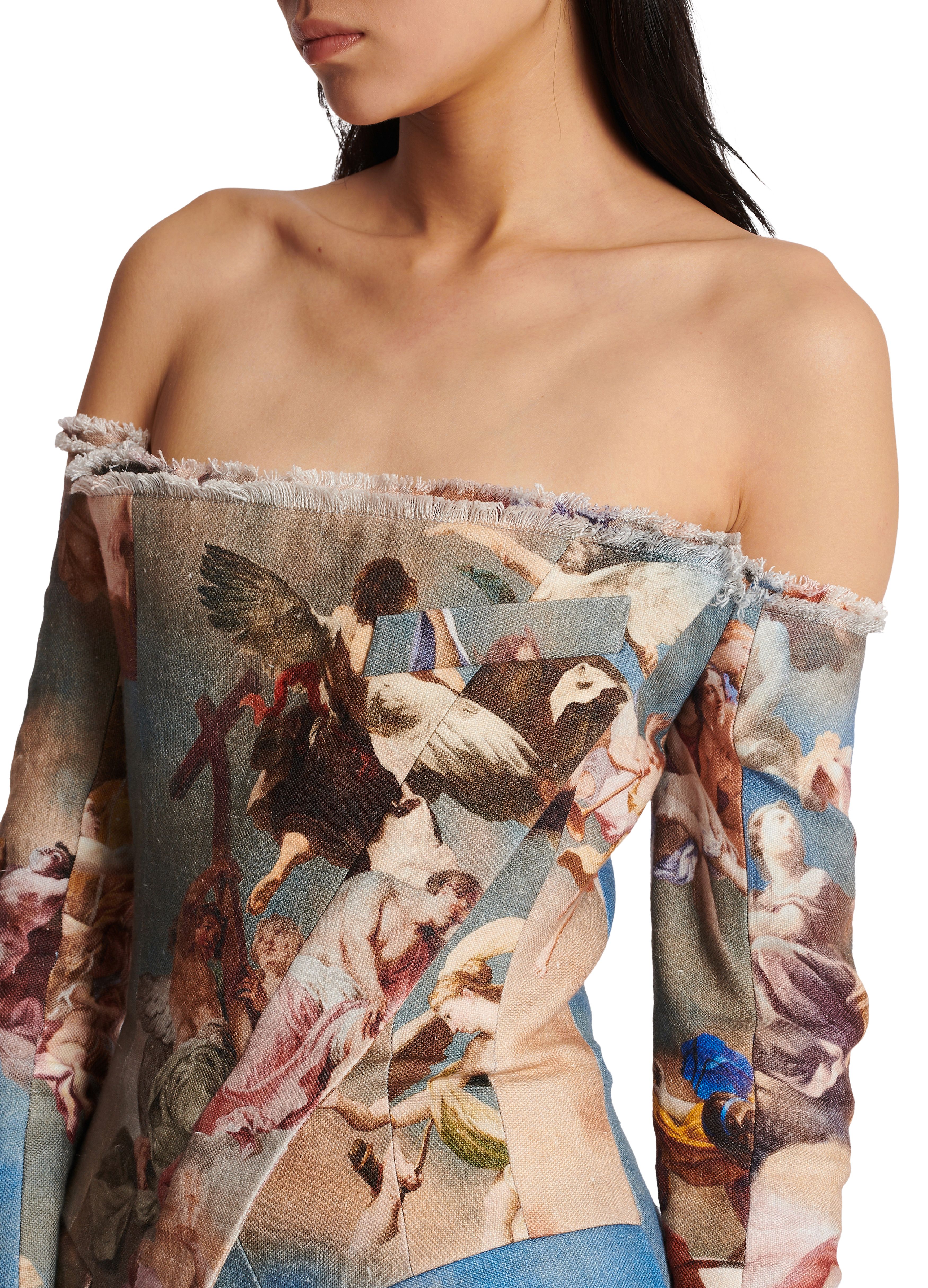 Balmain Sky printed canvas off-the-shoulder suit