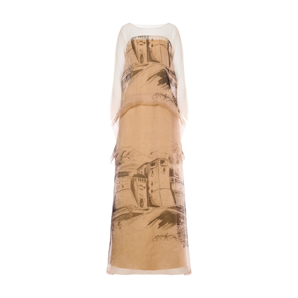 Alberta Ferretti Long silk organza dress with castle print