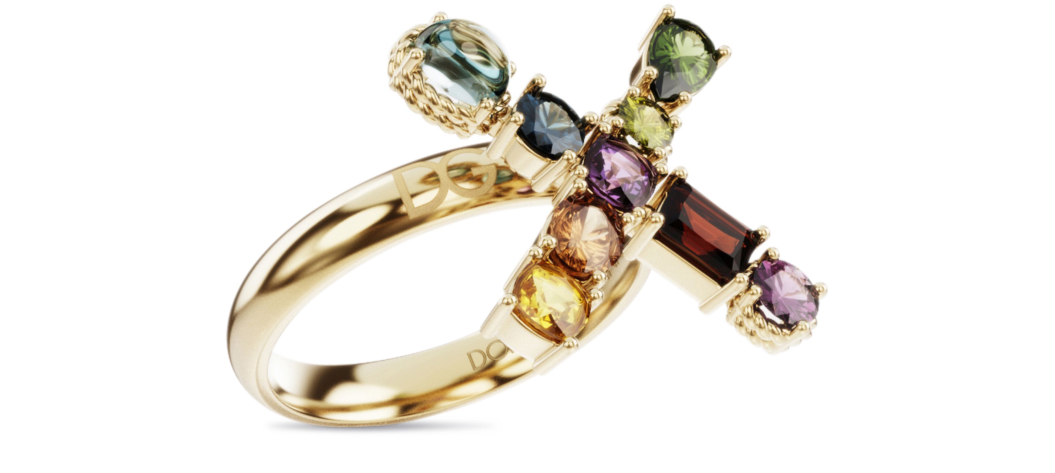 Dolce & Gabbana Rainbow alphabet X ring in yellow gold with multicolor fine gems