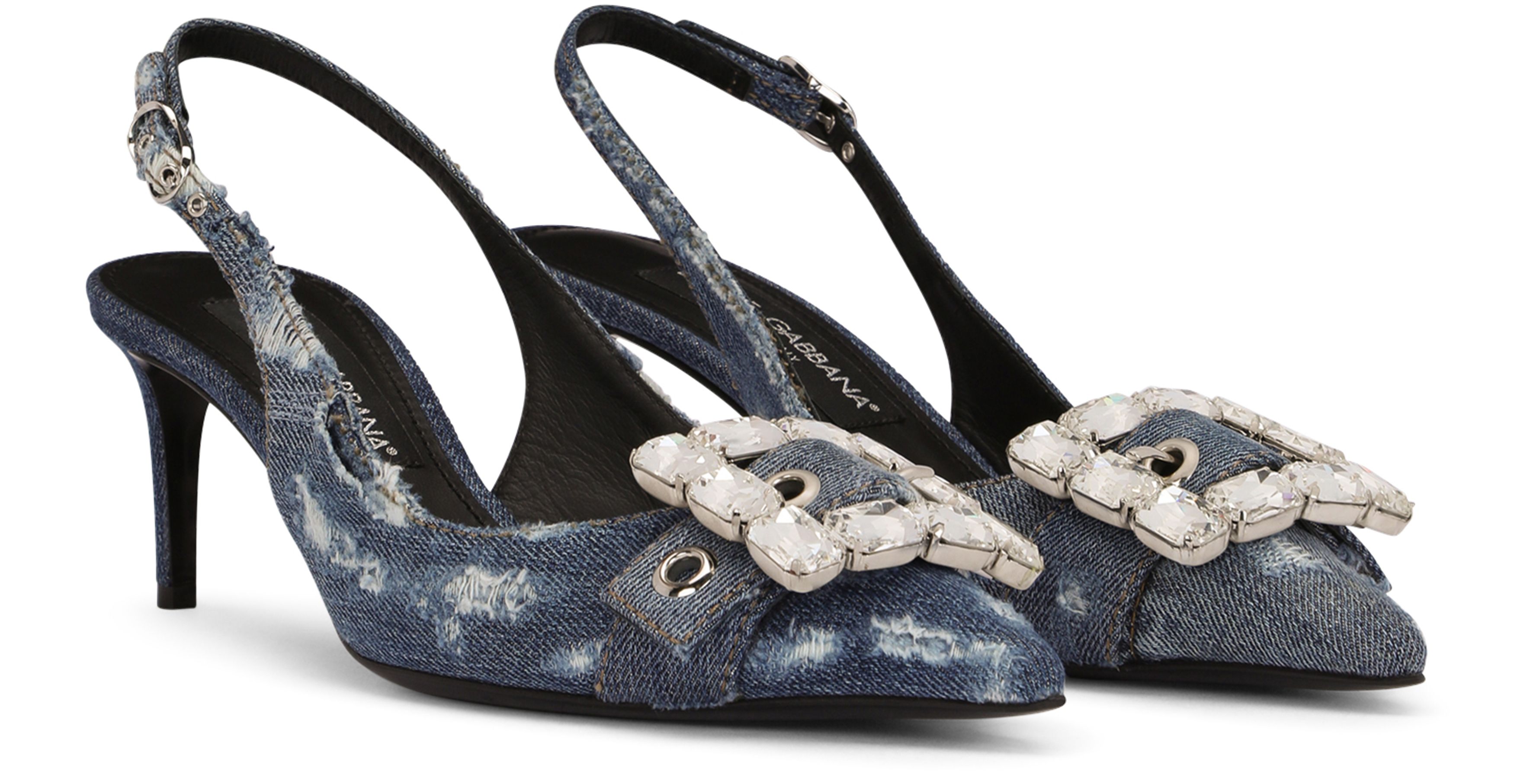 Dolce & Gabbana Patchwork denim slingbacks with rhinestone buckle