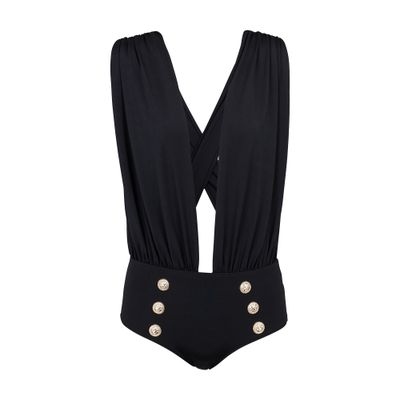 Balmain Draped swimsuit with embossed buttons