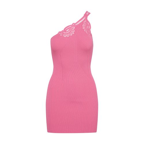  Pink One Shoulder Ribbed Knit Mini Dress