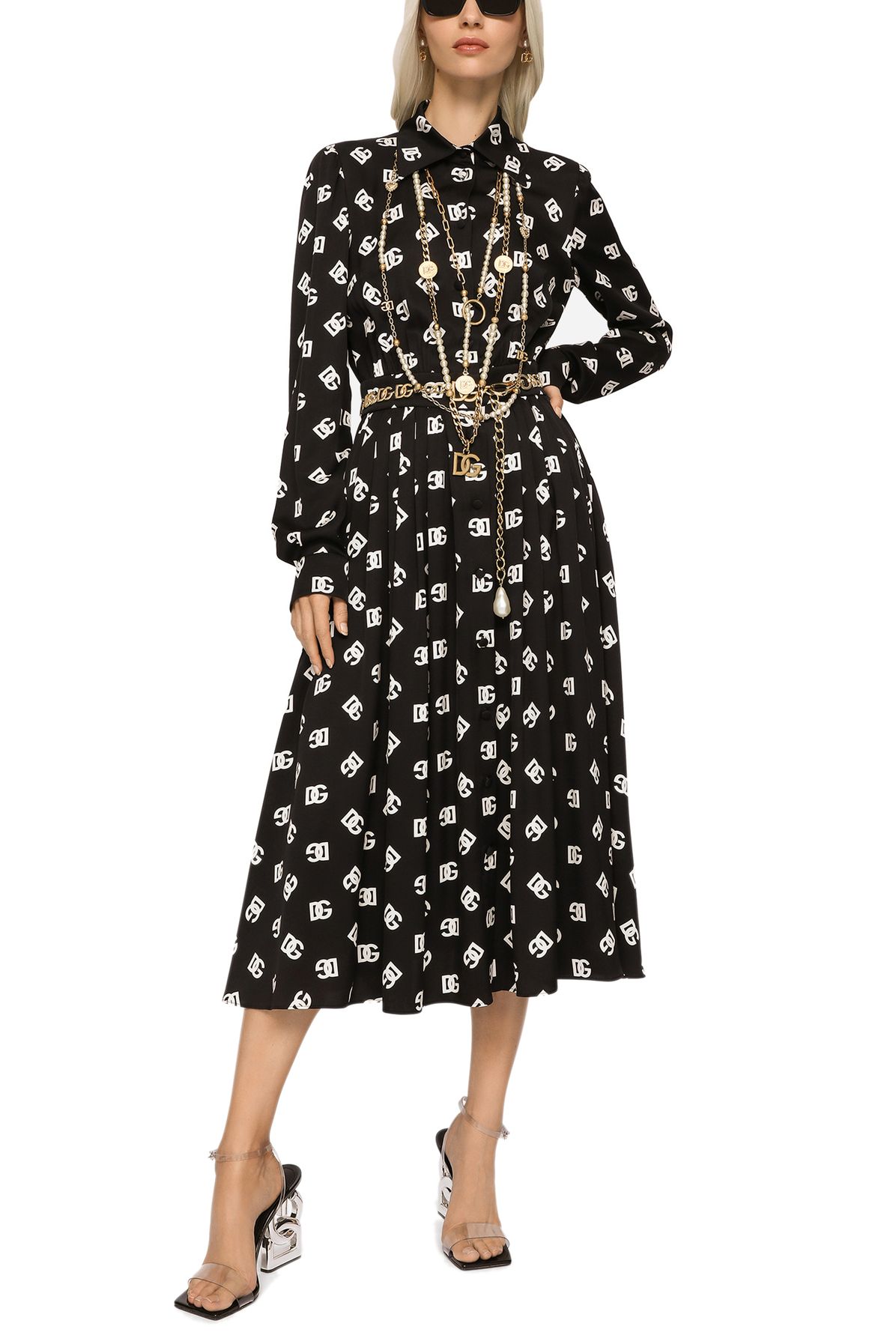 Dolce & Gabbana Charmeuse calf-length dress with all-over DG print