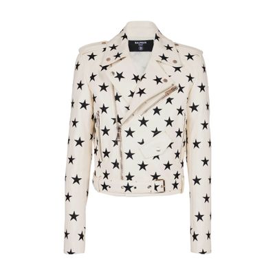 Balmain Embroidered Leather Stars Biker Jacket