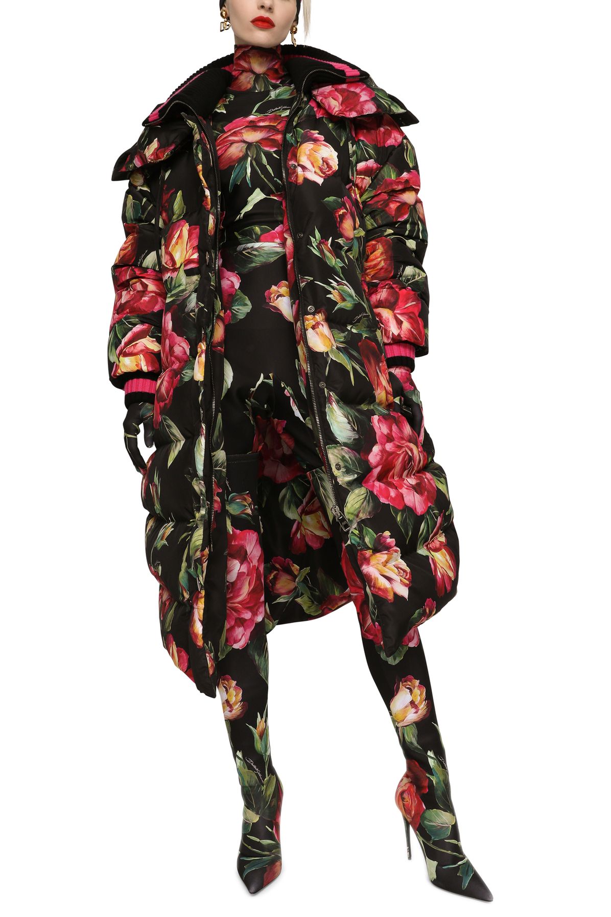 Dolce & Gabbana Long nylon down jacket with rose print