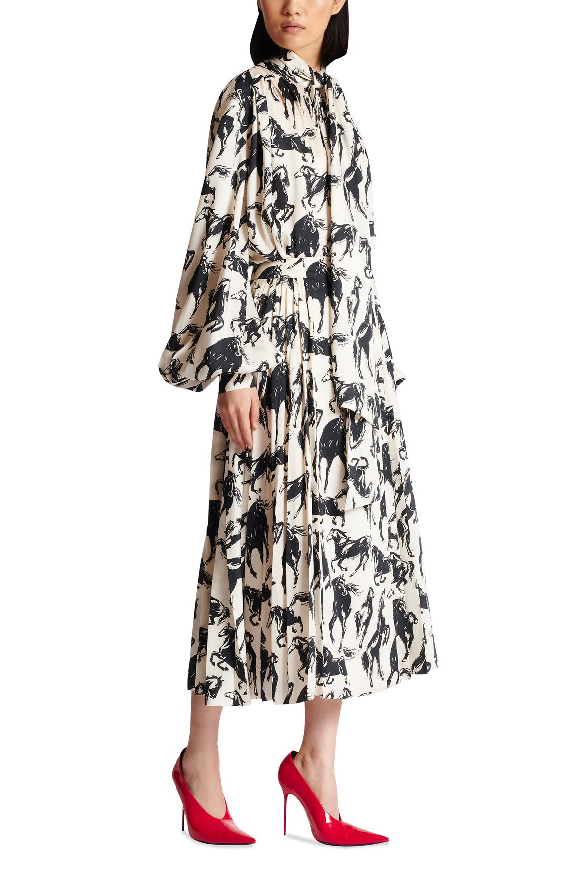 Balmain Printed Pleated Silk Midi Skirt