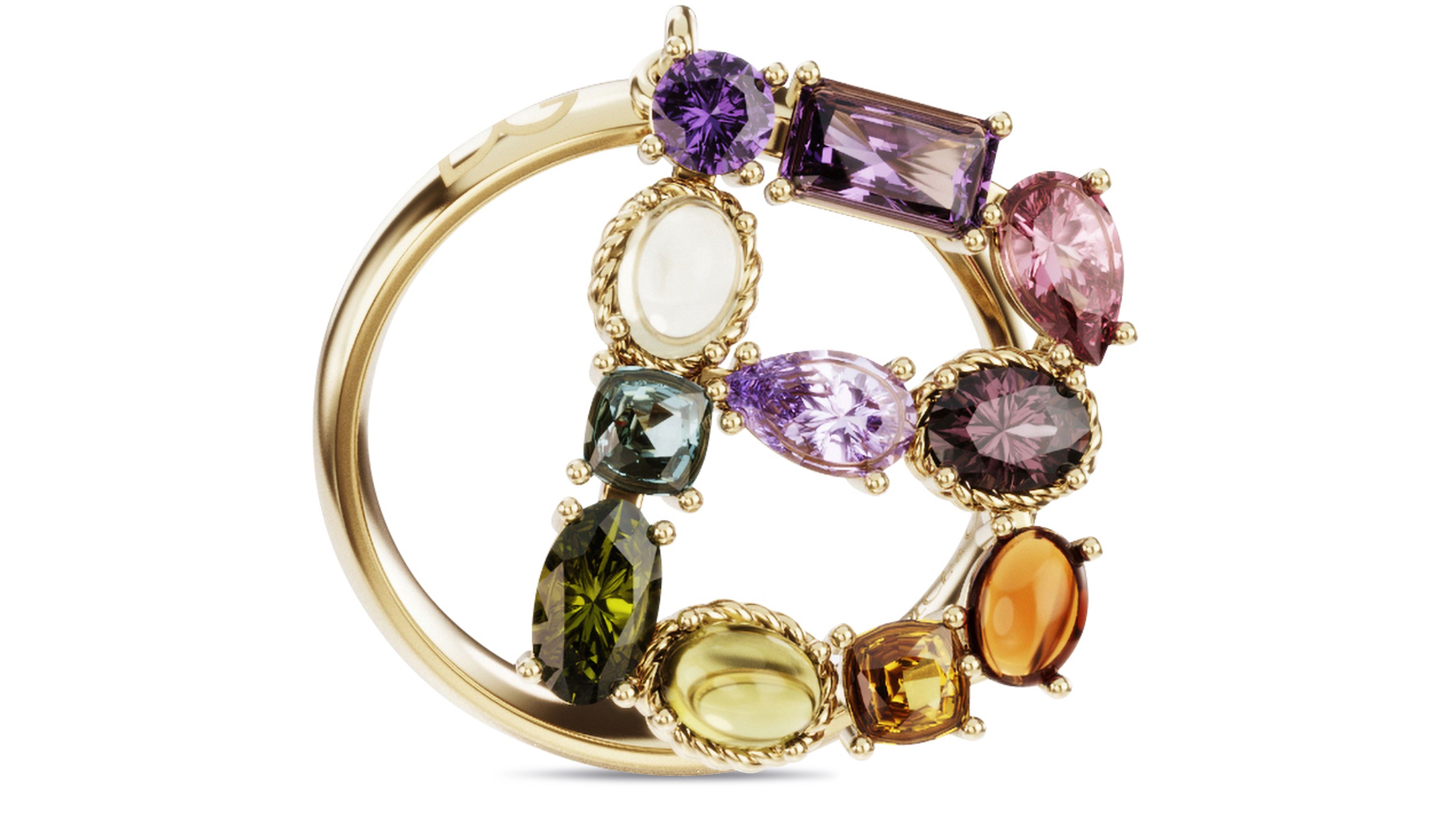 Dolce & Gabbana Rainbow alphabet B ring in yellow gold with multicolor fine gems