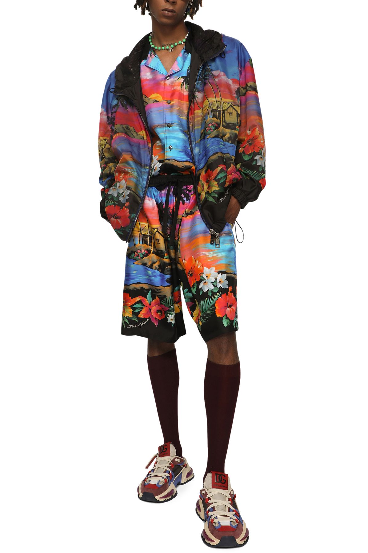Dolce & Gabbana Hooded nylon jacket with Hawaiian print
