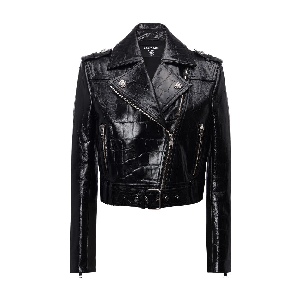 Balmain Crocodile-Effect Leather Biker Jacket