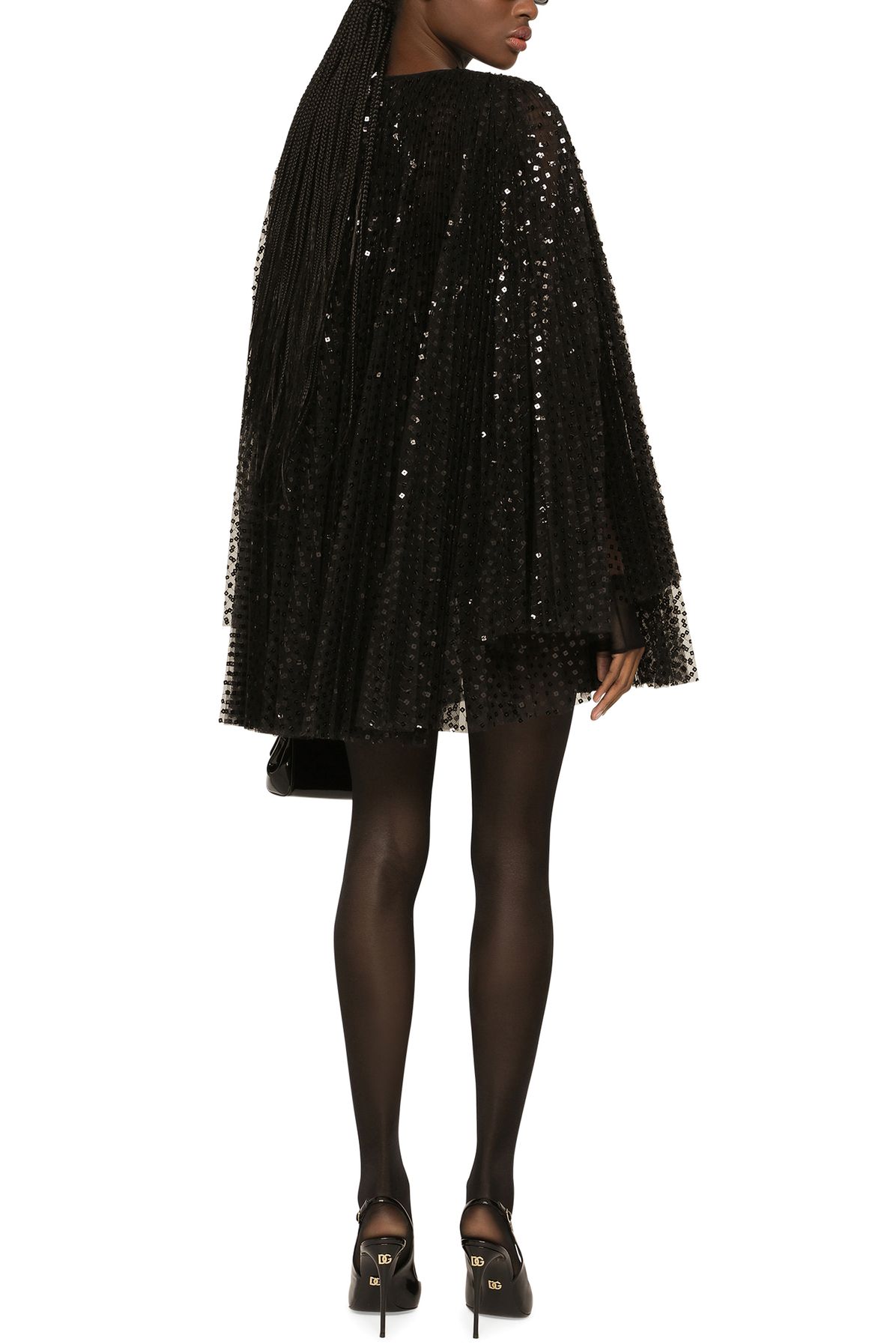 Dolce & Gabbana Pleated Short Dress with Wide Sleeves in Sequins