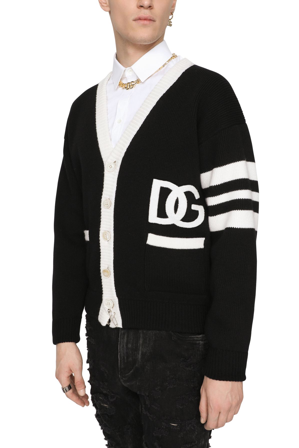 Dolce & Gabbana Wool fisherman's rib cardigan with DG logo