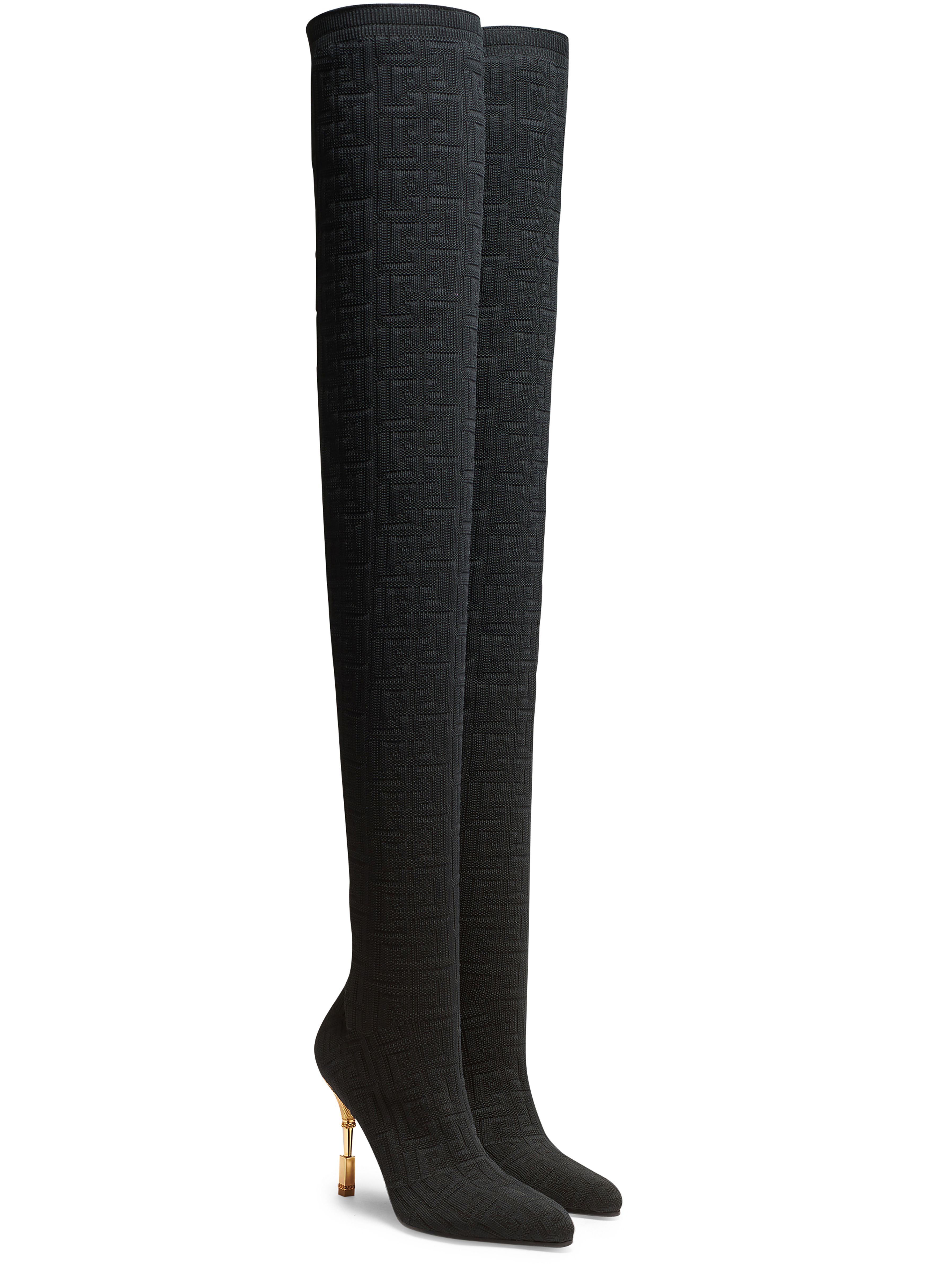 Balmain Moneta mesh thigh boots with monogram