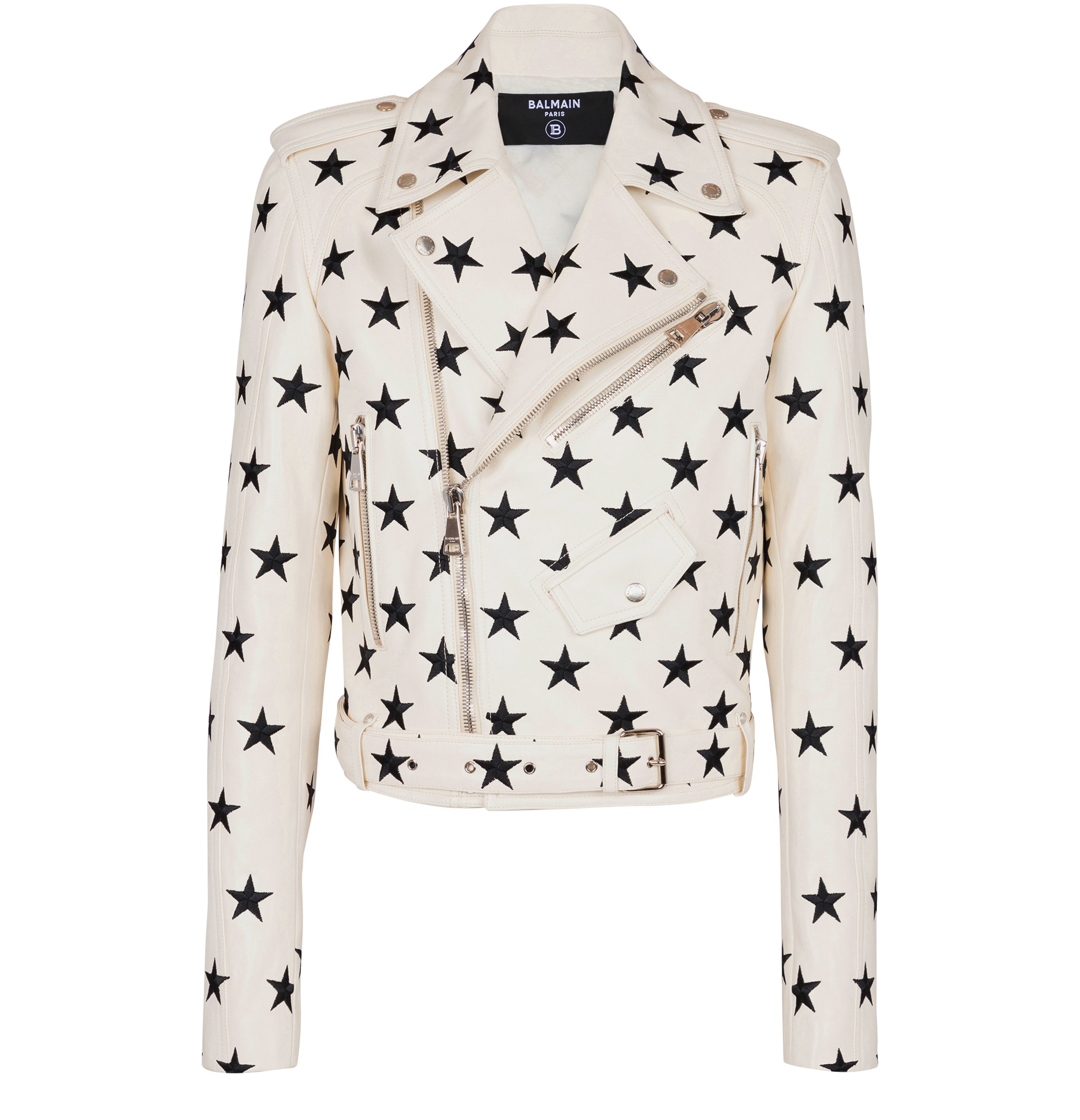 Balmain Embroidered Leather Stars Biker Jacket