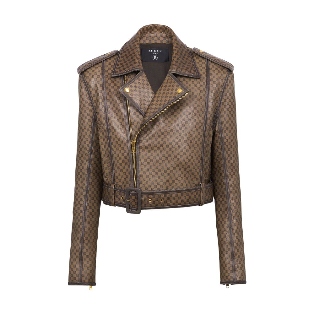 Balmain Leather Biker Jacket With Mini Monogram Print