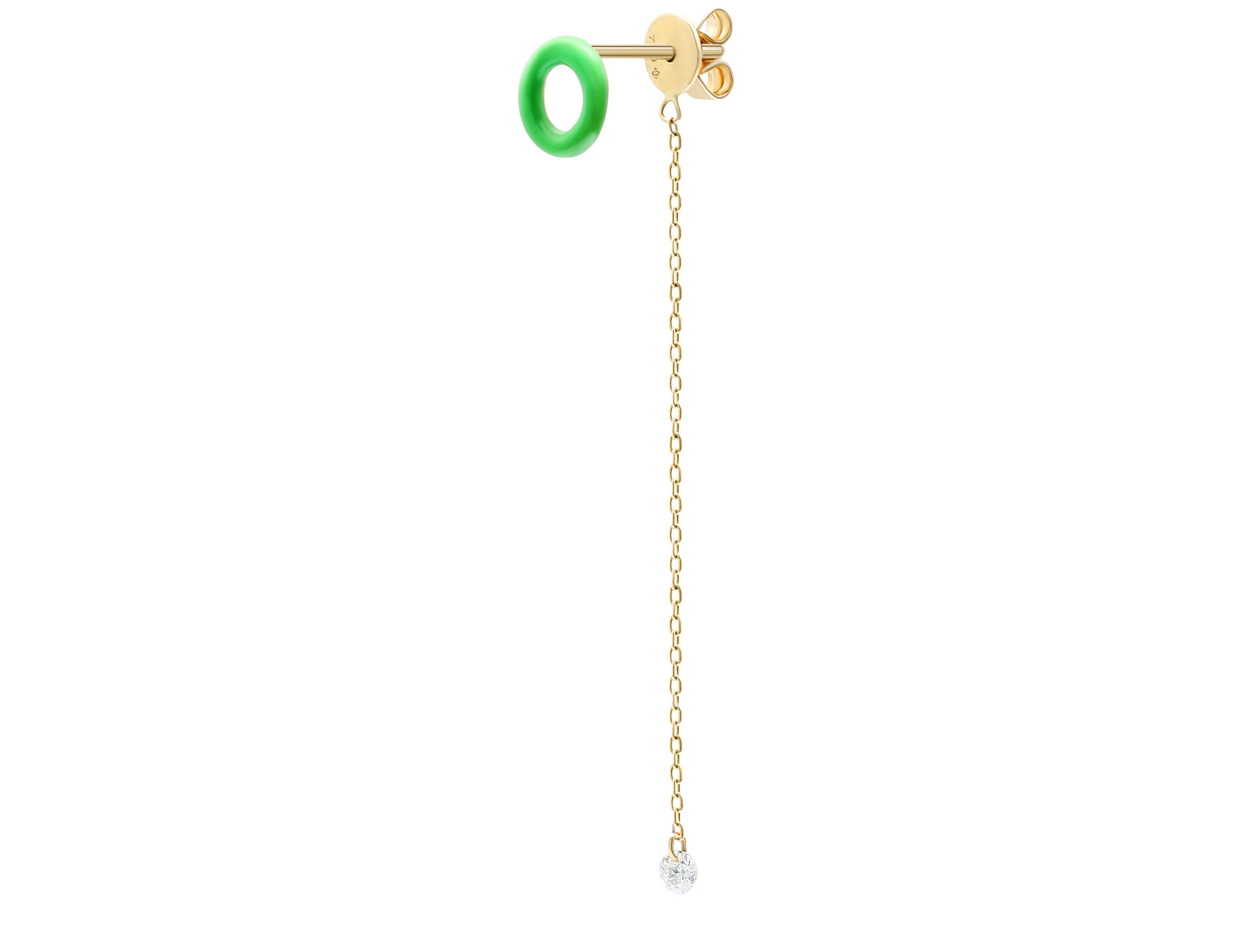 Persée Green Enamel 1 diamond chain single earring