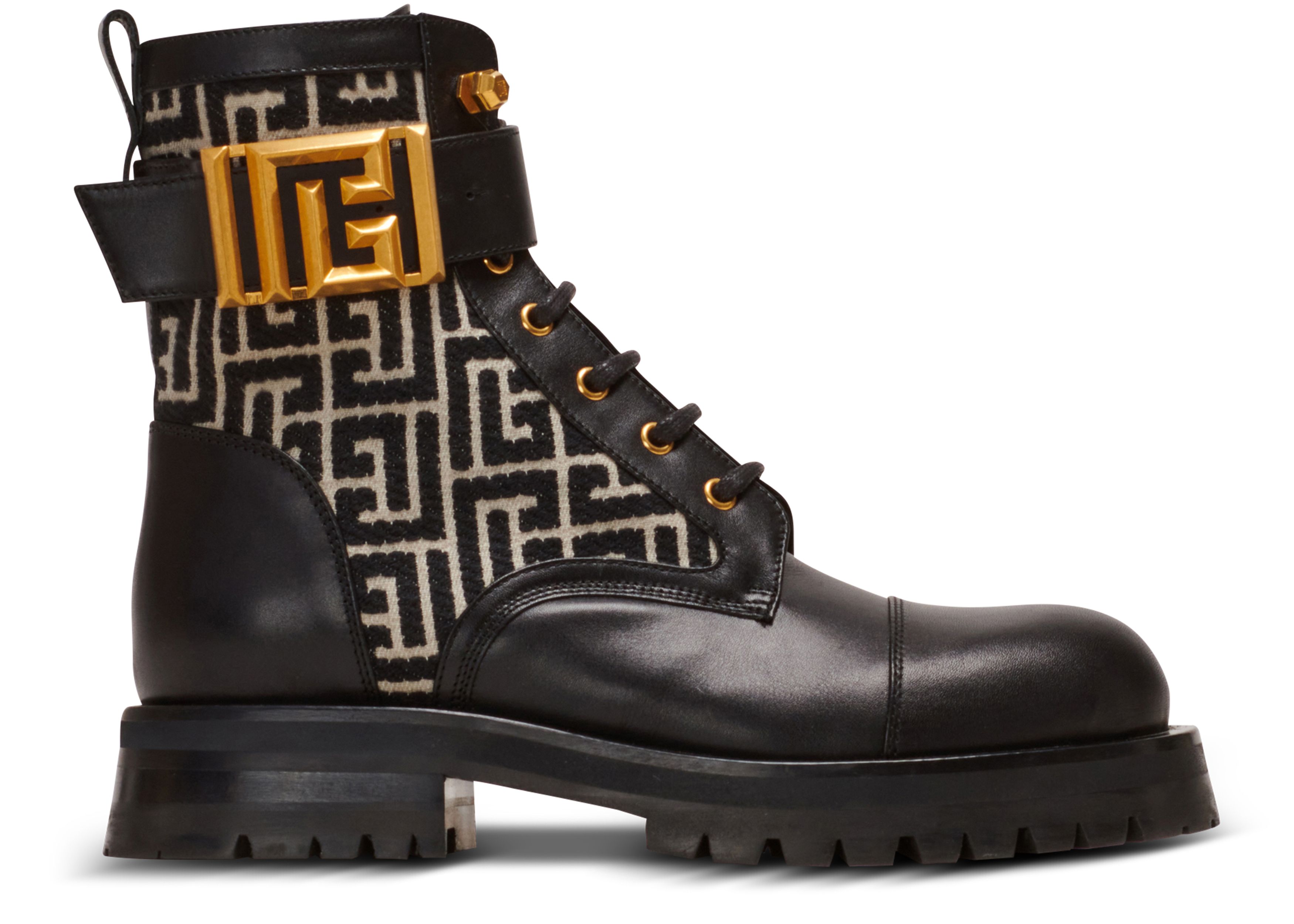 Balmain Charlie leather and monogram jacquard ranger booties