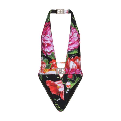 Dolce & Gabbana Belted floral-print swimsuit with plunging neckline