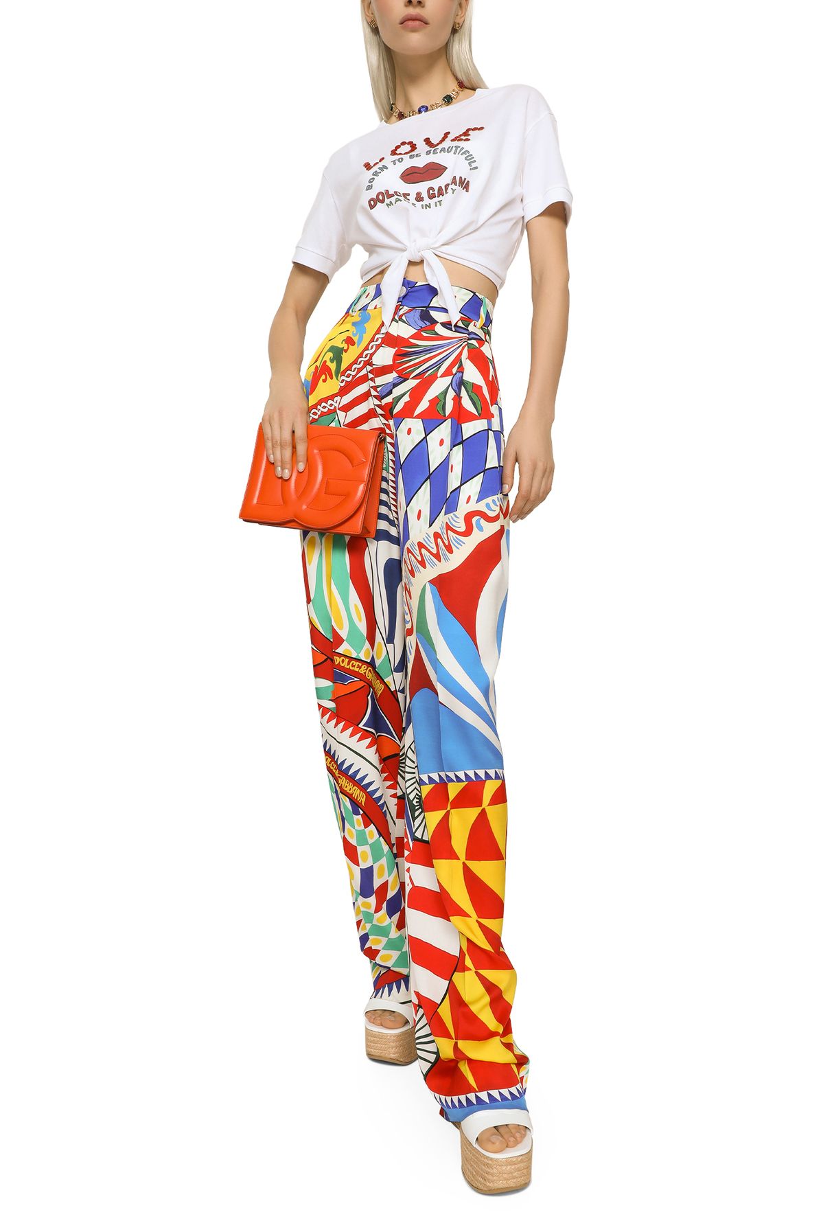 Dolce & Gabbana Charmeuse Flared Pants with Carretto Print