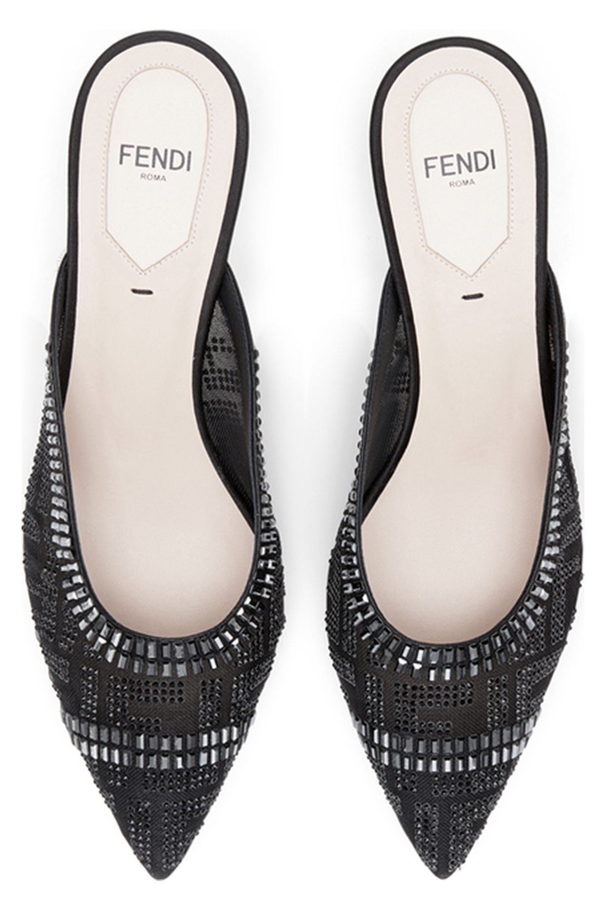 FENDI Black mesh medium-heel sabots with rhinestone embroidery