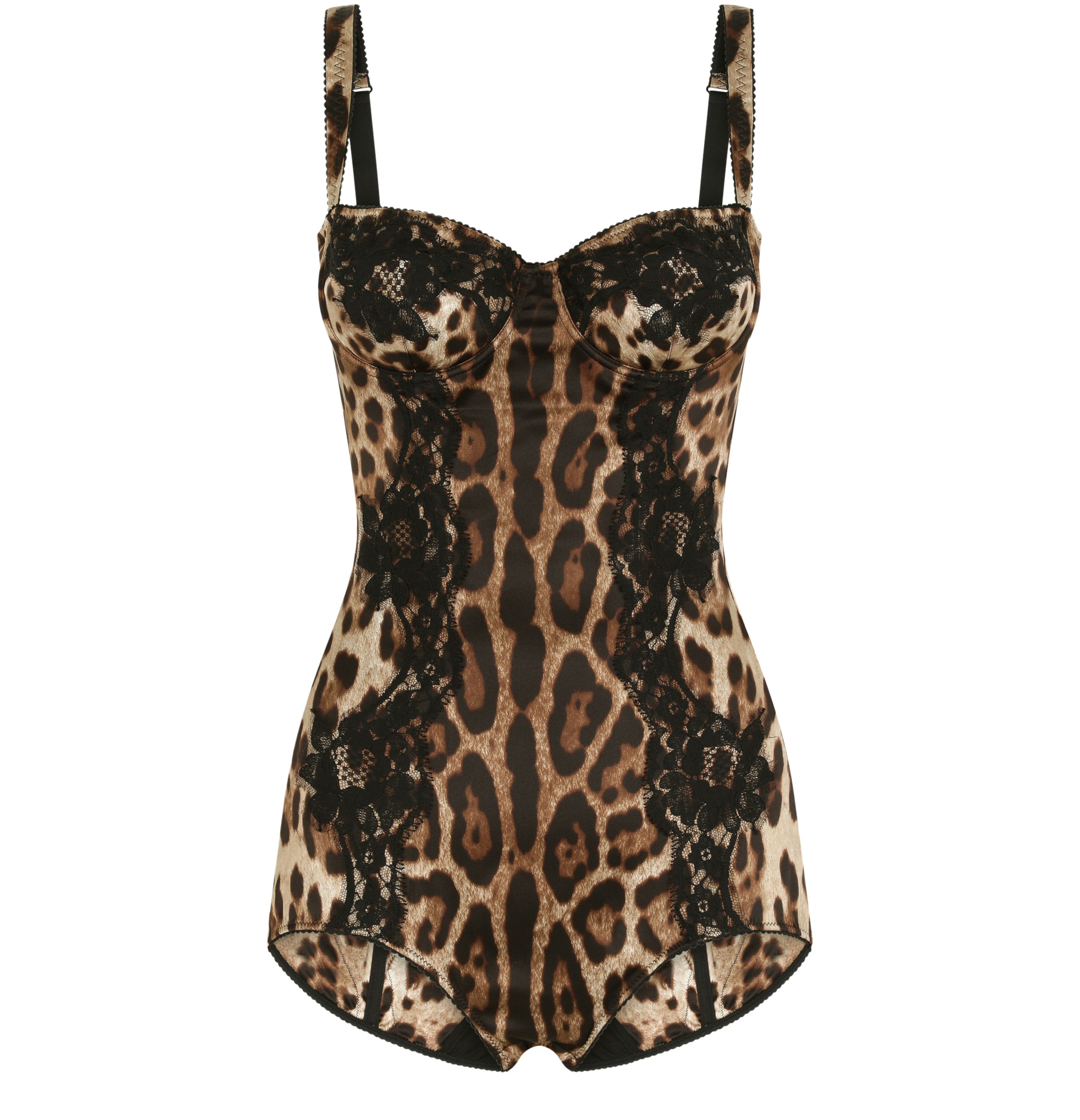 Dolce & Gabbana Silk balconette lingerie bodysuit with leopard-print lace details