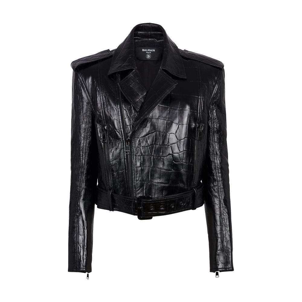 Balmain Crocodile-Effect Leather Biker Jacket