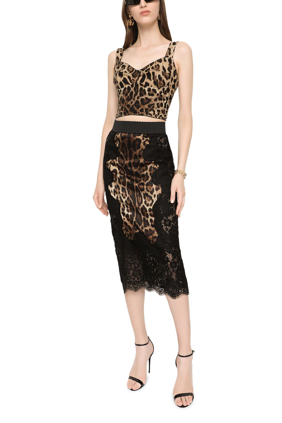 Dolce & Gabbana Leopard-print satin midi skirt with lace inserts