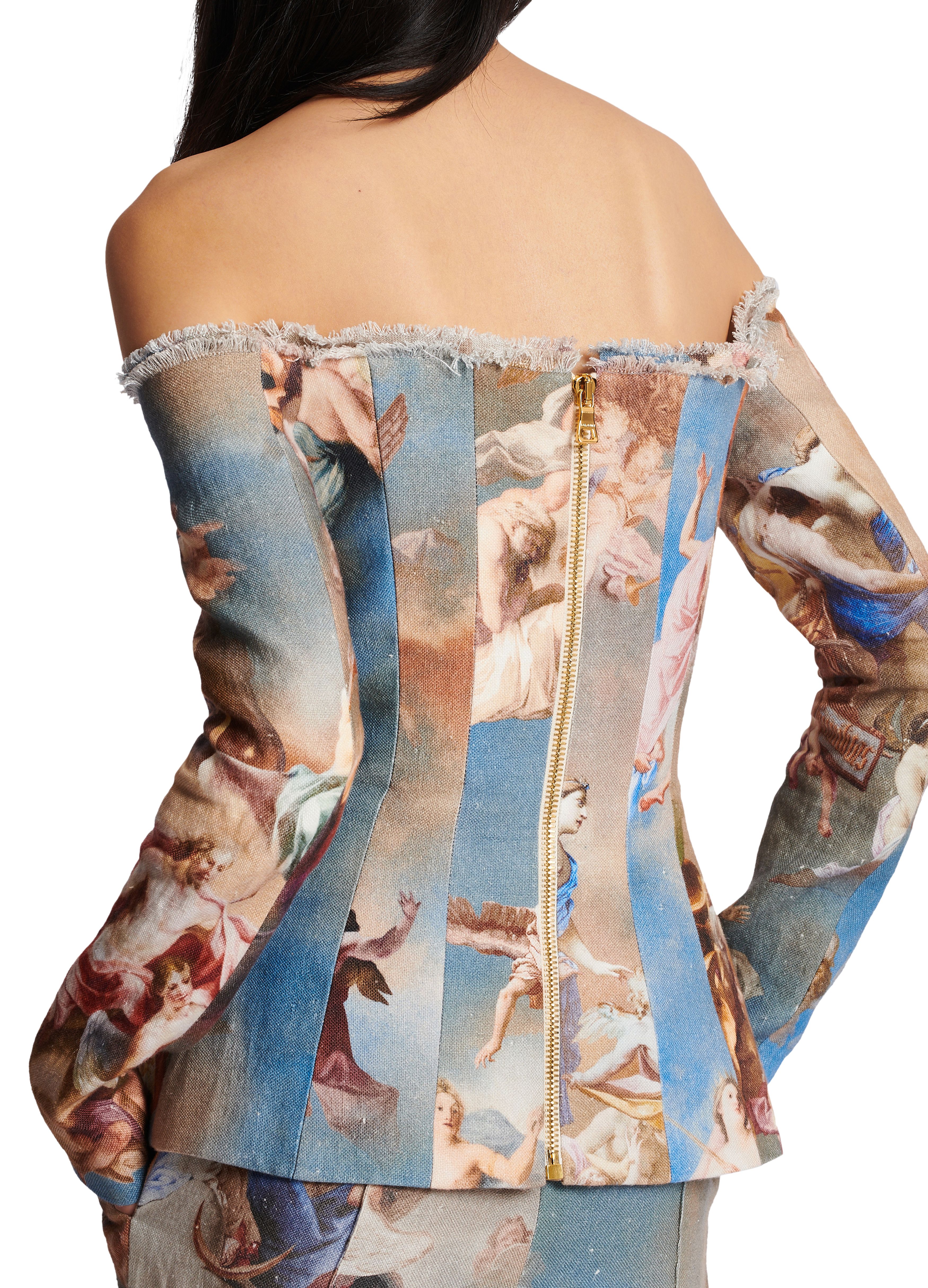 Balmain Sky printed canvas off-the-shoulder suit