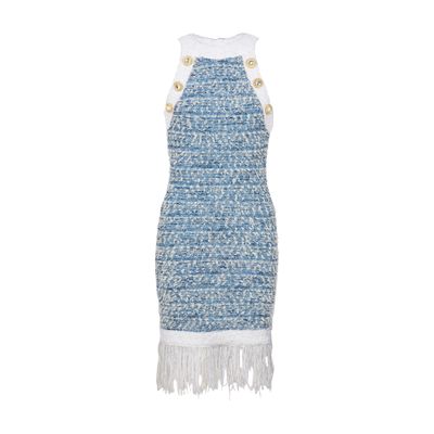 Balmain Fringed Denim Tweed Dress