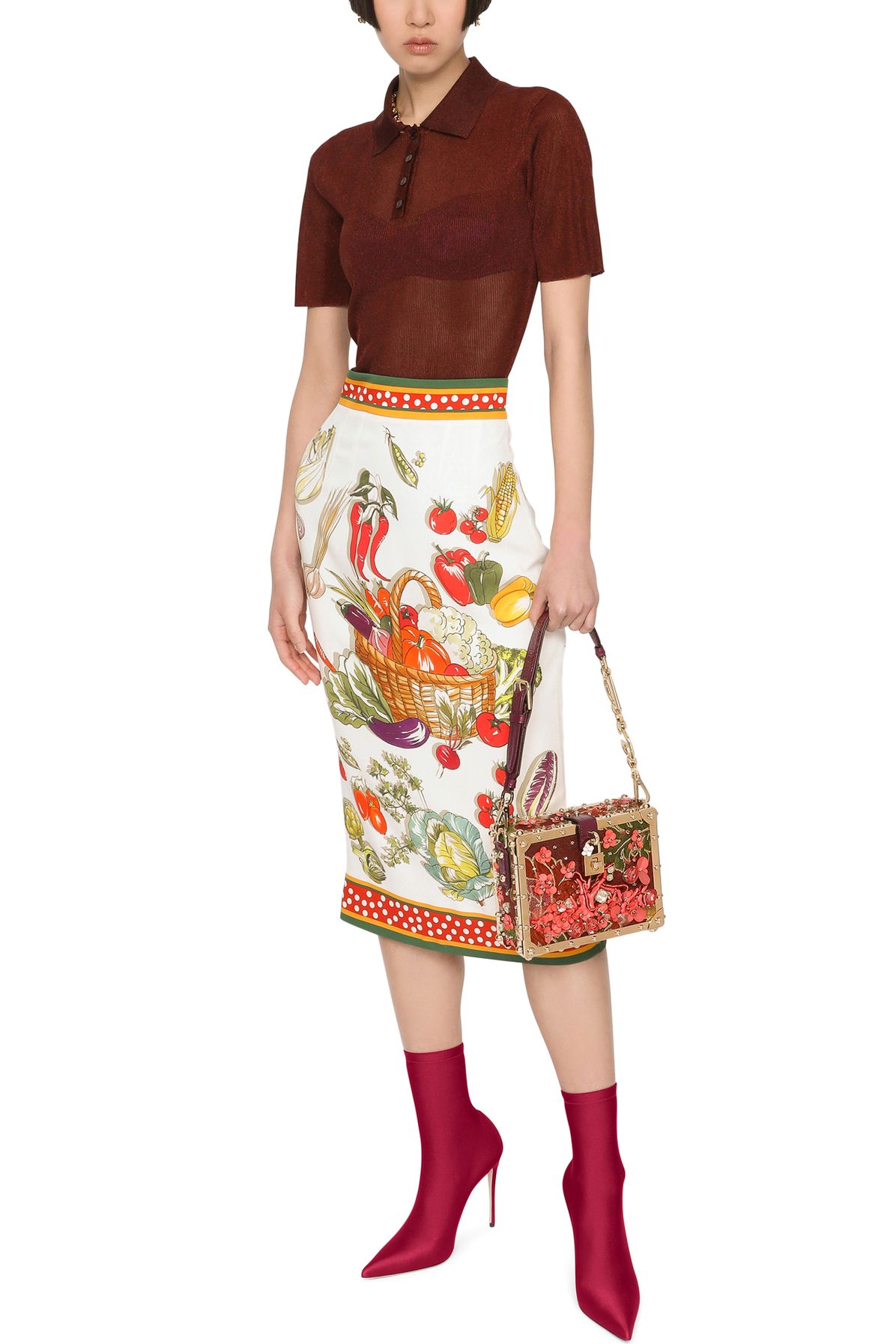 Dolce & Gabbana Vegetable-print charmeuse calf-length skirt