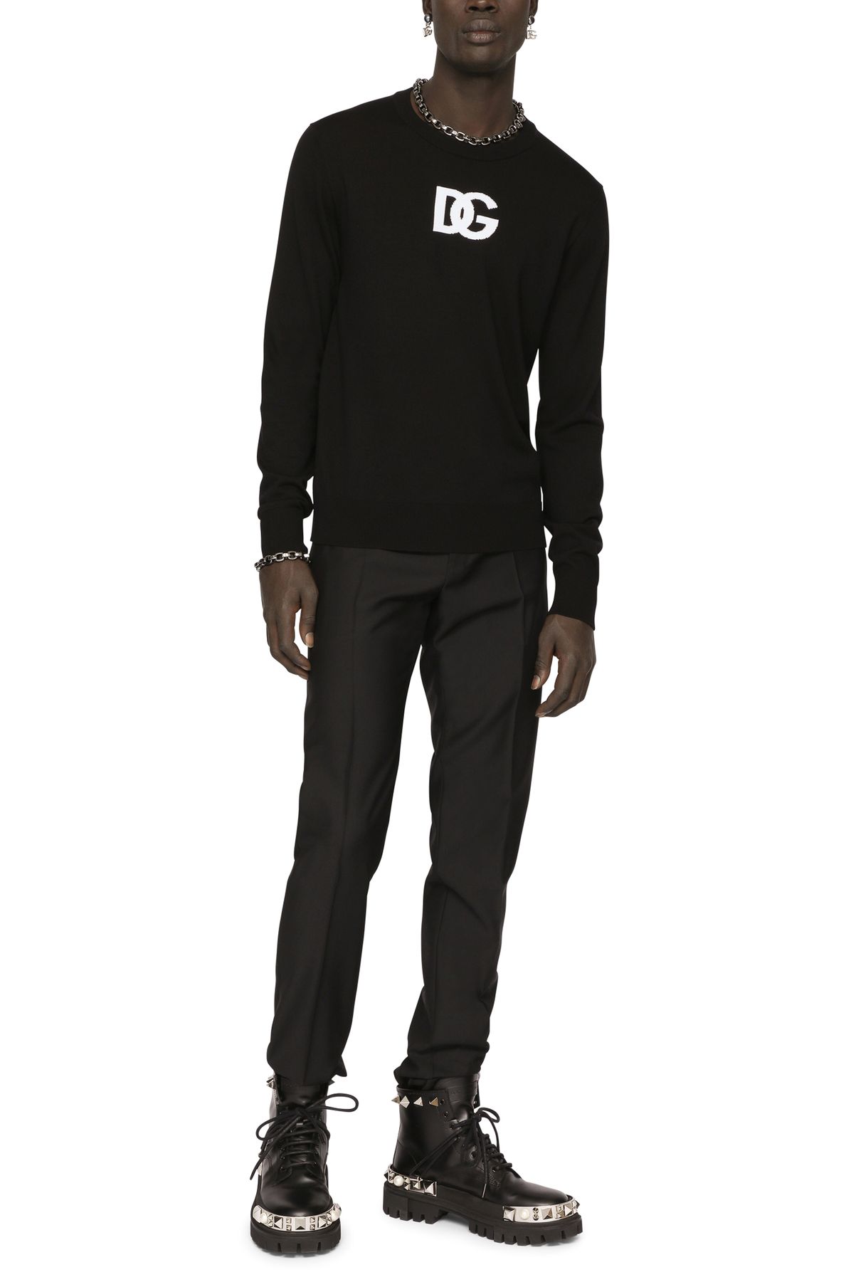 Dolce & Gabbana Wool round-neck sweater with logo inlay