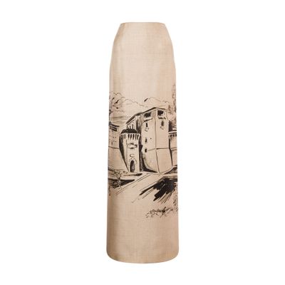 Alberta Ferretti Long silk twill skirt with castle print