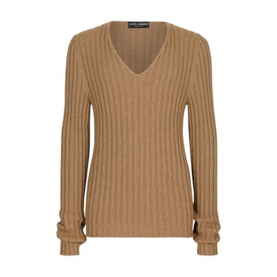 Dolce & Gabbana Camel Hair Ribbed V-Neck Sweater