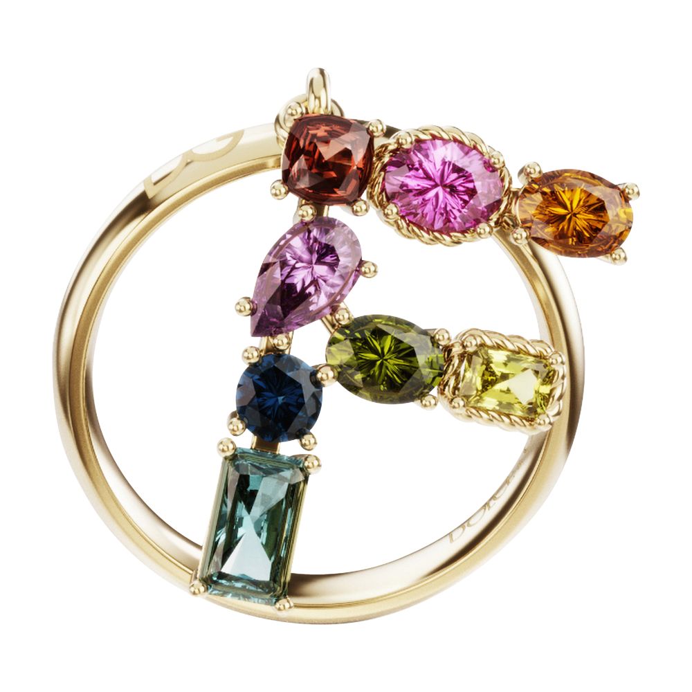 Dolce & Gabbana Rainbow alphabet F ring in yellow gold with multicolor fine gems