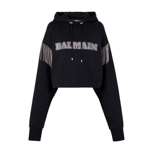 Balmain Cropped Sweatshirt With Fringing And Rhinestones