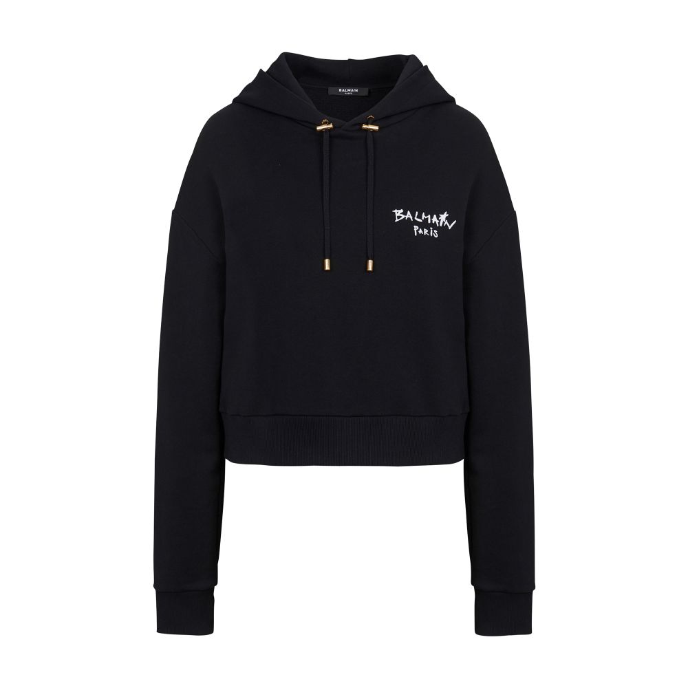 Balmain Cropped eco-design cotton sweatshirt with flocked graffiti Balmain logo