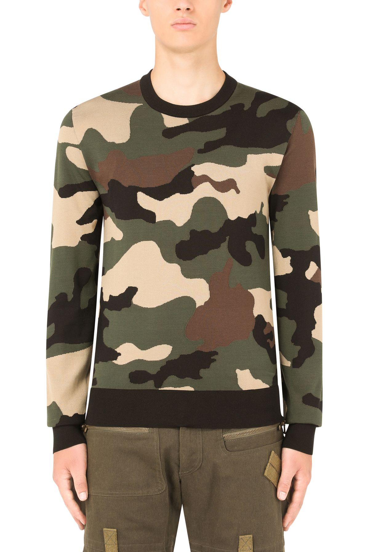 Dolce & Gabbana Silk round-neck sweater with camouflage intarsia