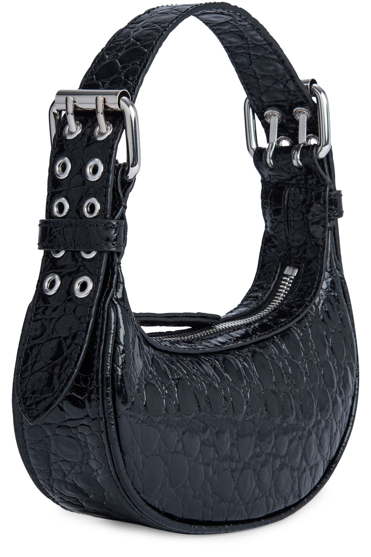 BY FAR Mini Soho Circular Croco Embossed Leather Shoulder Bag