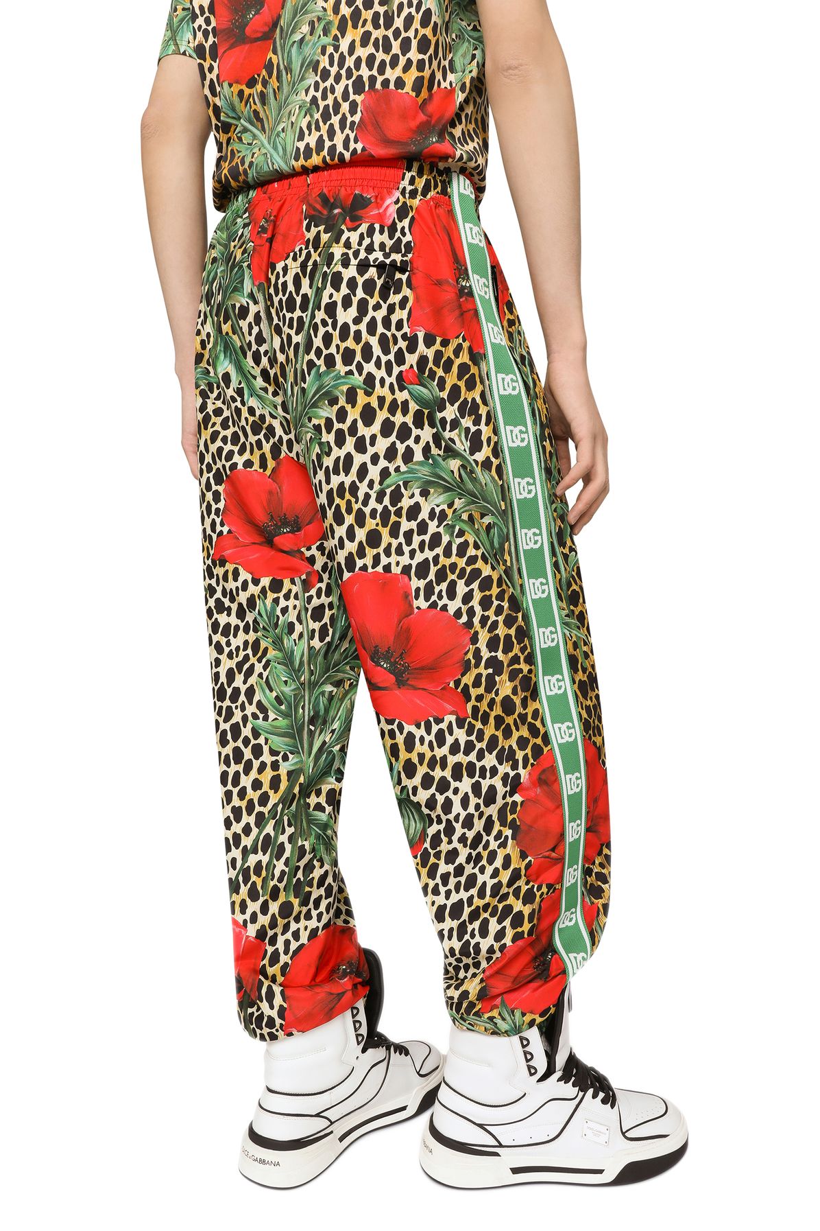 Dolce & Gabbana Nylon jogging pants with poppy and ocelot print