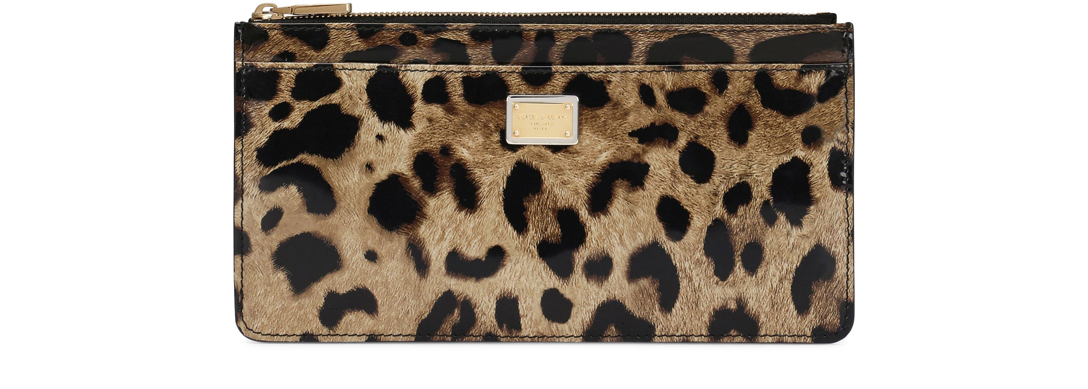 Dolce & Gabbana Large polished calfskin card holder with zipper and leopard print