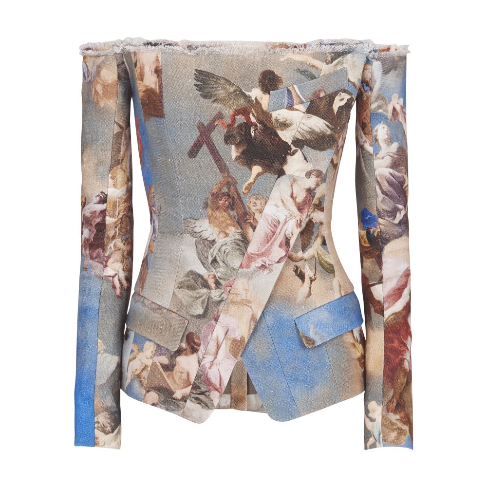 Balmain Sky printed canvas off-the-shoulder suit