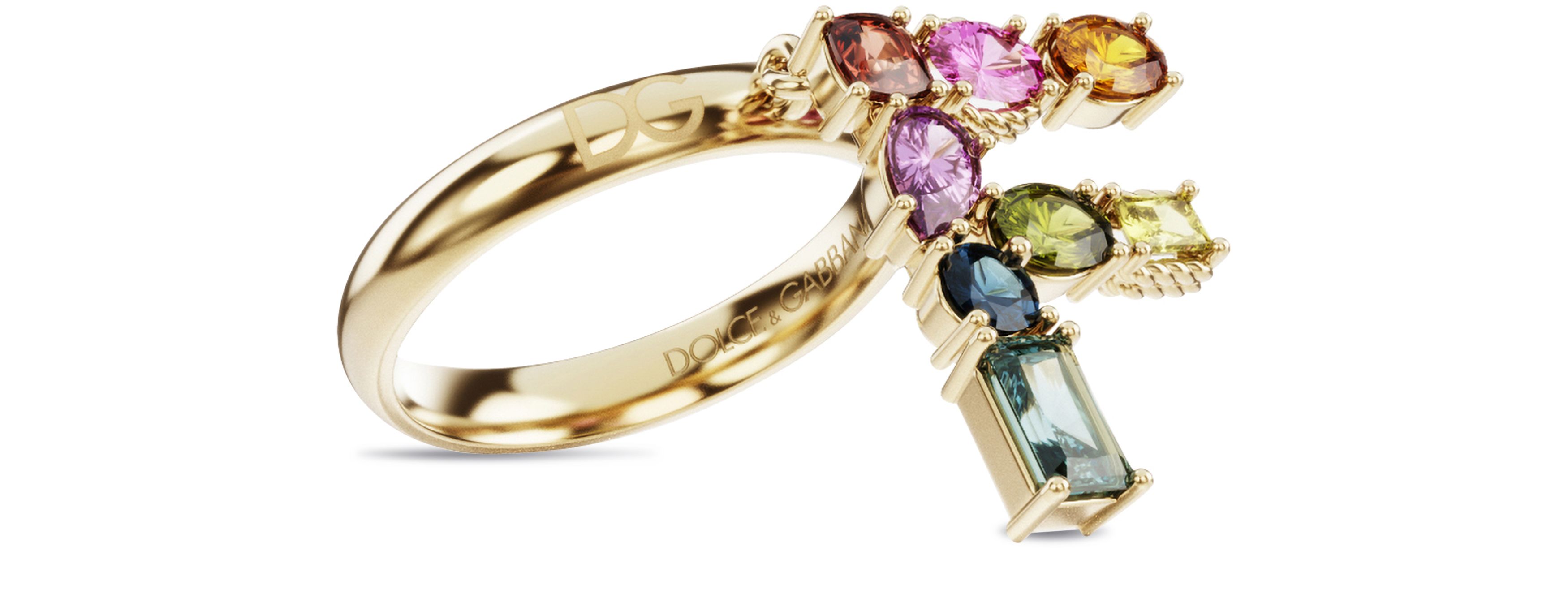 Dolce & Gabbana Rainbow alphabet F ring in yellow gold with multicolor fine gems