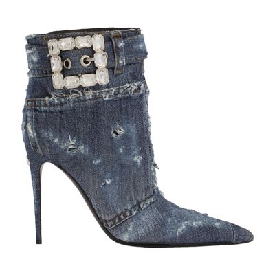 Dolce & Gabbana Patchwork denim ankle boots with rhinestone buckle