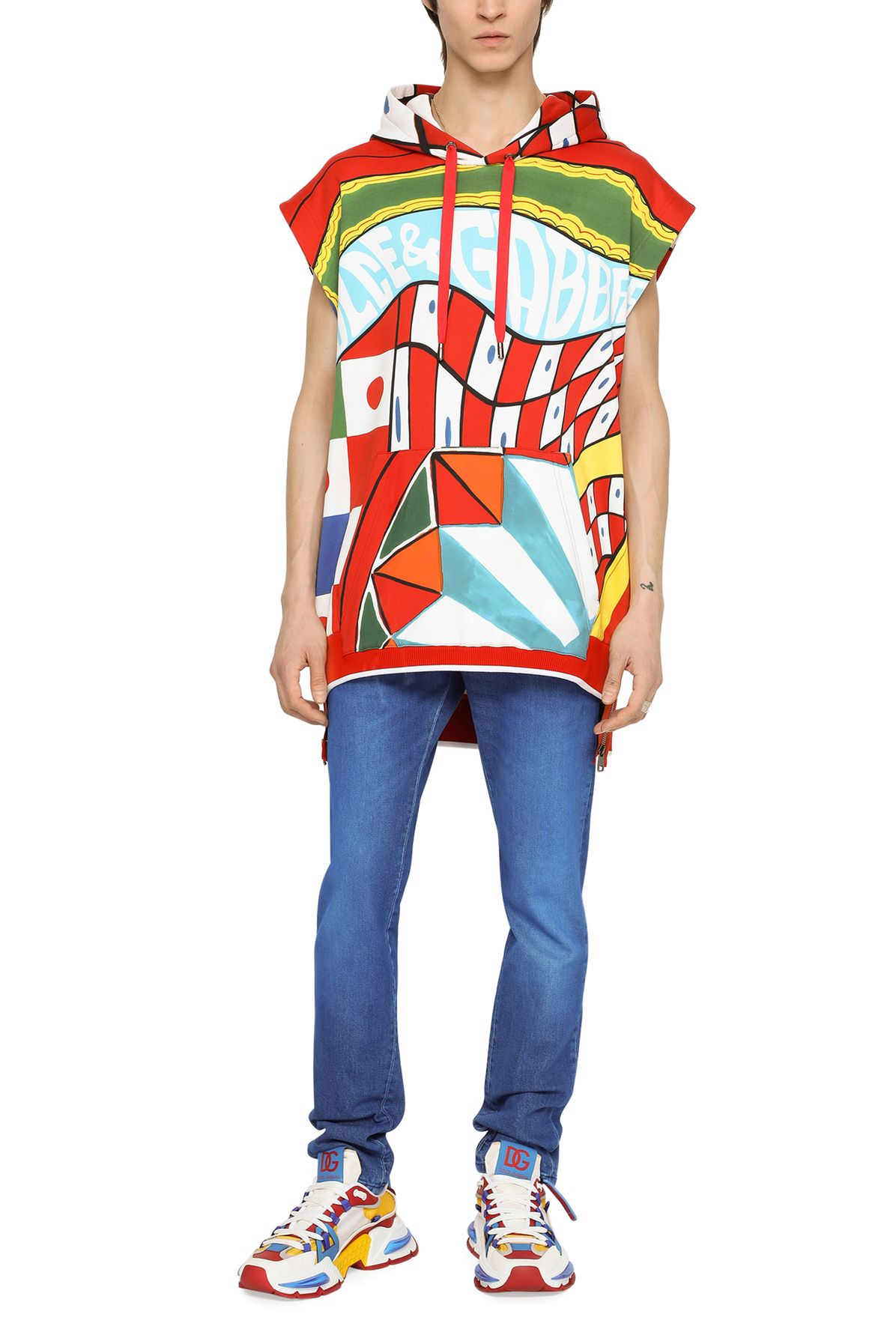 Dolce & Gabbana Sleeveless Jersey Sweatshirt with Hood and Print