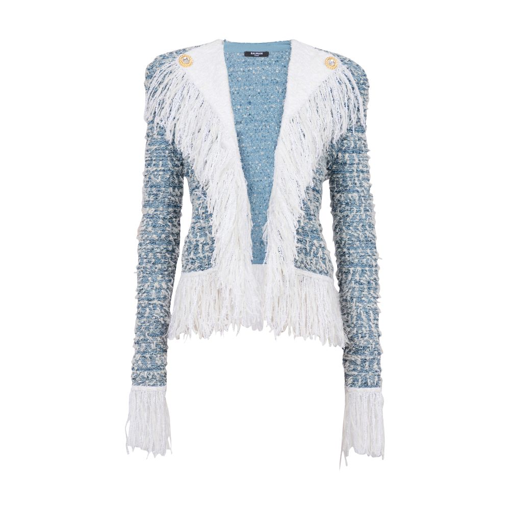 Balmain Fringed Denim Tweed Jacket