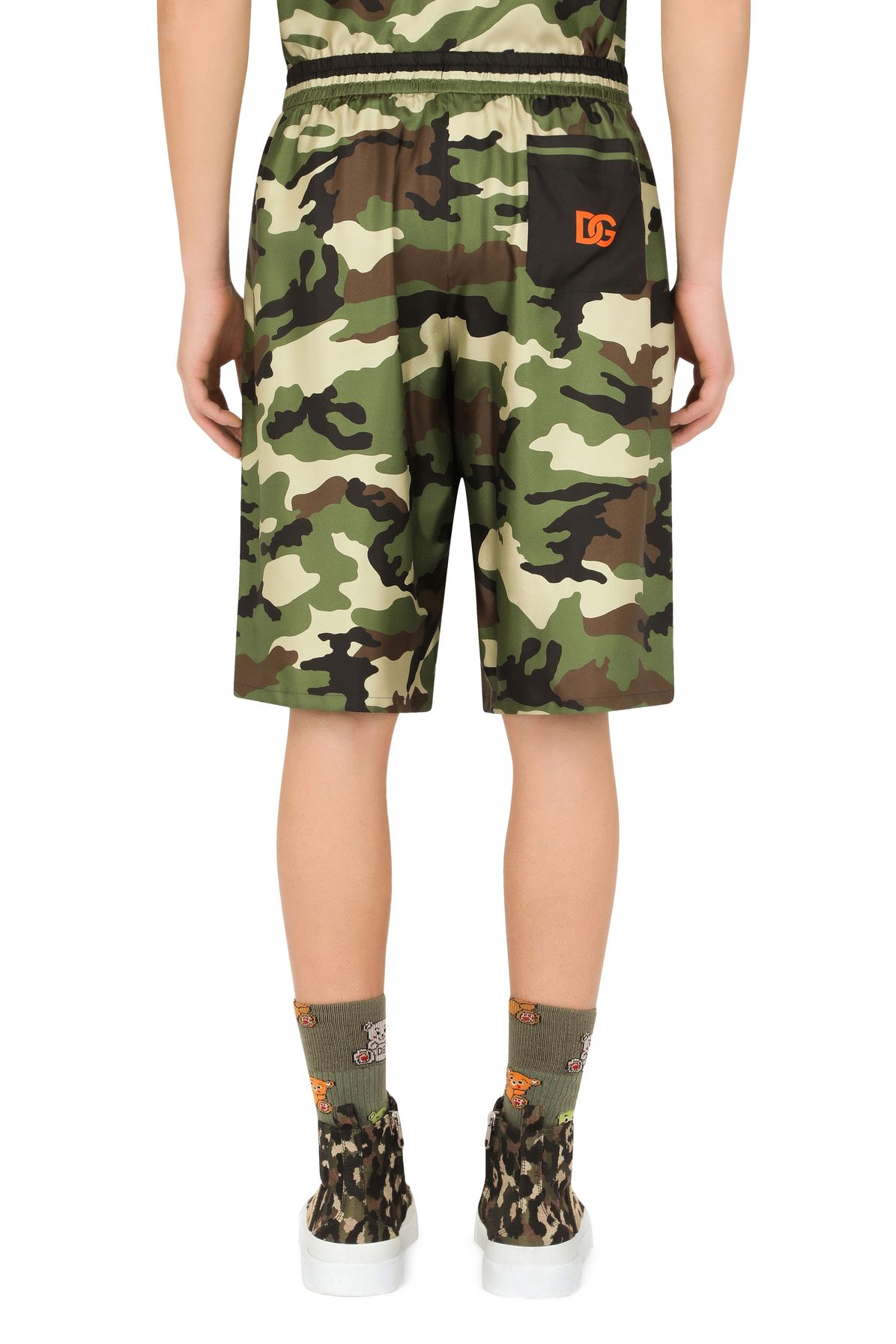 Dolce & Gabbana Silk shorts with camouflage print and patch